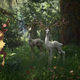 From left to right: An example of the Pokémon Sawsbuck in its Spring Form and two Shimmered deer-like creatures with flowers growing from their antlers.